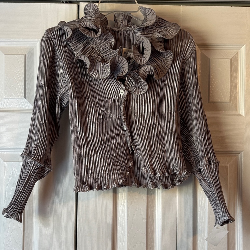 NWT Heydari Micro Pleated Ruffle Collar Blouse Metallic Pewter Made in USA S